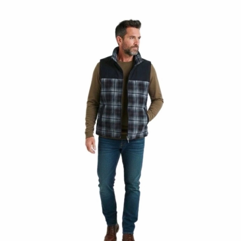 Pendleton Men's XL Wool Blend Insulated Vest Full Zip Black Plaid Stand Collar - Picture 2 of 9